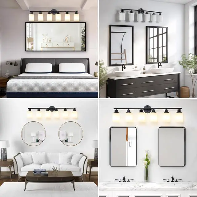 Alt view image 5 of 7 - 39" Modern 6-Light Vanity Bathroom Mirror Light, Frosted White Glass with Black Iron Frame, Contemporary Wall Sconce for Bedroom, Bathroom, and Dressing Room (No Bulbs)