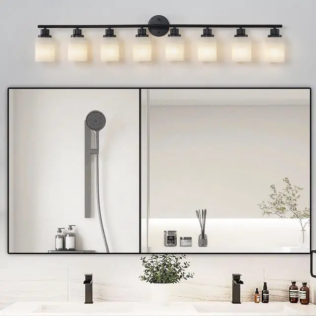 Main image of 52" Modern 8-Light Vanity Bathroom Mirror Light, Frosted White Glass with Black Iron Frame, Contemporary Wall Sconce for Bedroom, Bathroom, and Dressing Room (Bulb Not included)
