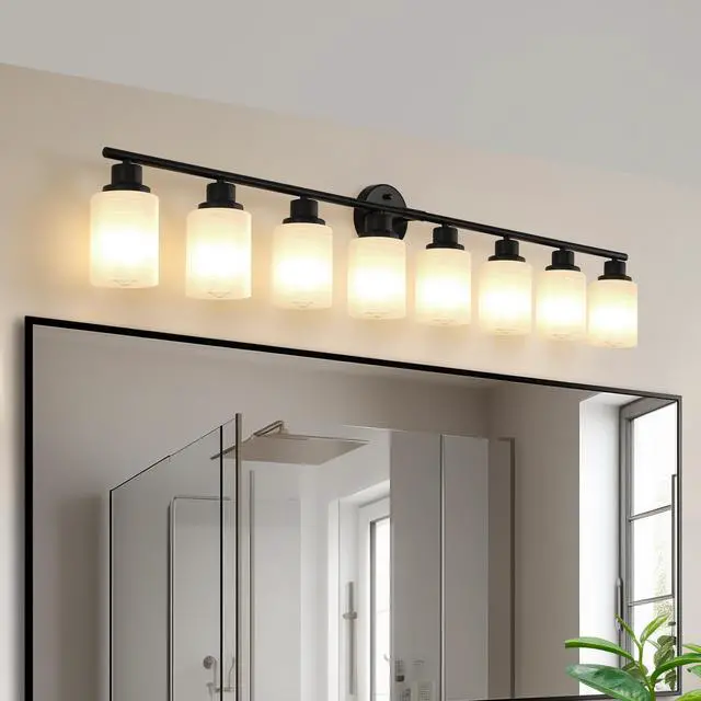 Alt view image 3 of 7 - 52" Modern 8-Light Vanity Bathroom Mirror Light, Frosted White Glass with Black Iron Frame, Contemporary Wall Sconce for Bedroom, Bathroom, and Dressing Room (Bulb Not included)