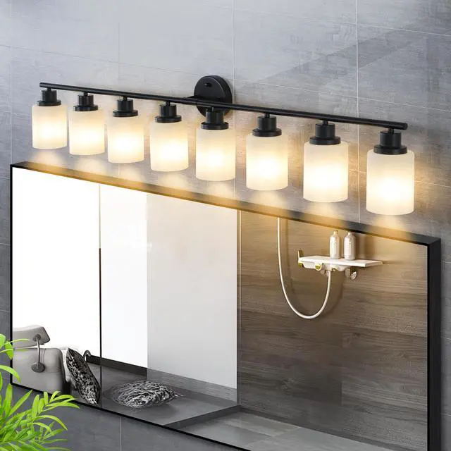 Alt view image 4 of 7 - 52" Modern 8-Light Vanity Bathroom Mirror Light, Frosted White Glass with Black Iron Frame, Contemporary Wall Sconce for Bedroom, Bathroom, and Dressing Room (Bulb Not included)