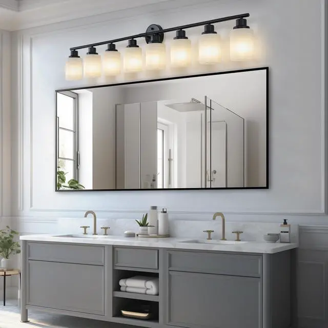 Alt view image 2 of 7 - 52" Modern 8-Light Vanity Bathroom Mirror Light, Frosted White Glass with Black Iron Frame, Contemporary Wall Sconce for Bedroom, Bathroom, and Dressing Room (Bulb Not included)