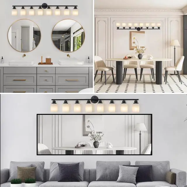 Alt view image 5 of 7 - 52" Modern 8-Light Vanity Bathroom Mirror Light, Frosted White Glass with Black Iron Frame, Contemporary Wall Sconce for Bedroom, Bathroom, and Dressing Room (Bulb Not included)