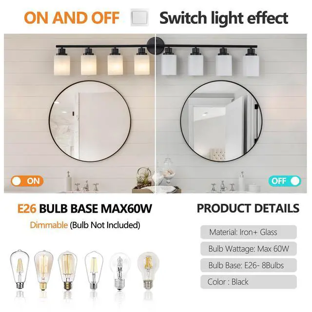 Alt view image 7 of 7 - 52" Modern 8-Light Vanity Bathroom Mirror Light, Frosted White Glass with Black Iron Frame, Contemporary Wall Sconce for Bedroom, Bathroom, and Dressing Room (Bulb Not included)