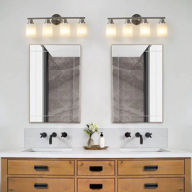 Alt view image 2 of 7 - 24" Modern 4-Light Vanity Wall Sconce, Brushed Nickel Finish with Frosted Glass Shades for Bathroom Or Hallway Lighting (No Bulbs)