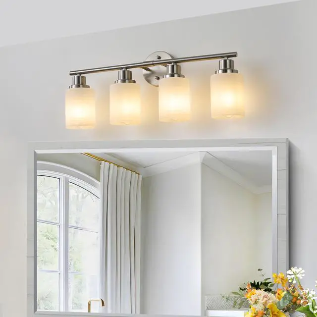 Alt view image 4 of 7 - 24" Modern 4-Light Vanity Wall Sconce, Brushed Nickel Finish with Frosted Glass Shades for Bathroom Or Hallway Lighting (No Bulbs)