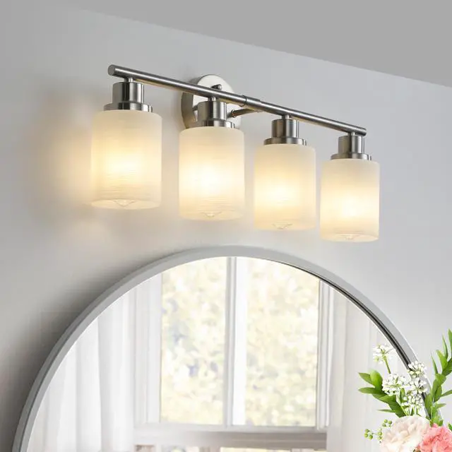 Alt view image 3 of 7 - 24" Modern 4-Light Vanity Wall Sconce, Brushed Nickel Finish with Frosted Glass Shades for Bathroom Or Hallway Lighting (No Bulbs)