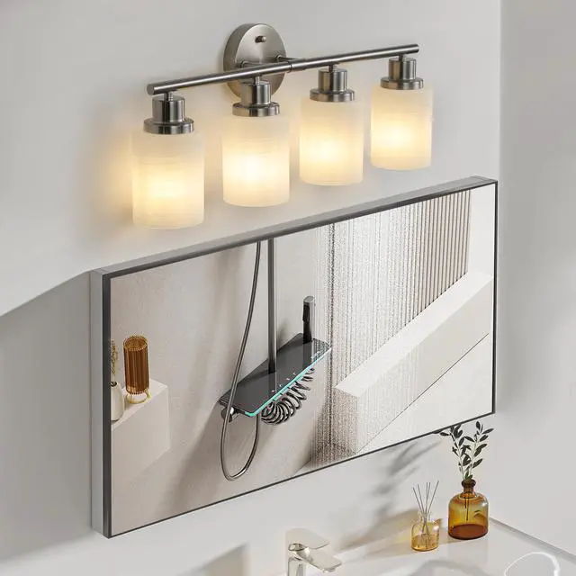 Alt view image 5 of 7 - 24" Modern 4-Light Vanity Wall Sconce, Brushed Nickel Finish with Frosted Glass Shades for Bathroom Or Hallway Lighting (No Bulbs)