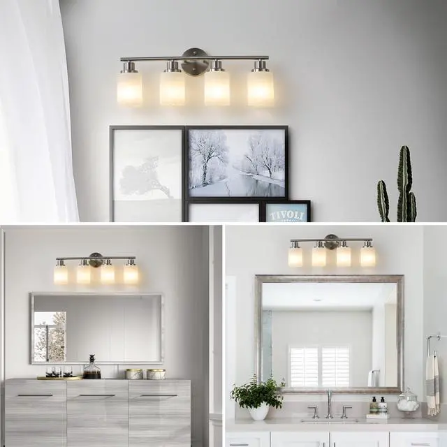 Alt view image 6 of 7 - 24" Modern 4-Light Vanity Wall Sconce, Brushed Nickel Finish with Frosted Glass Shades for Bathroom Or Hallway Lighting (No Bulbs)