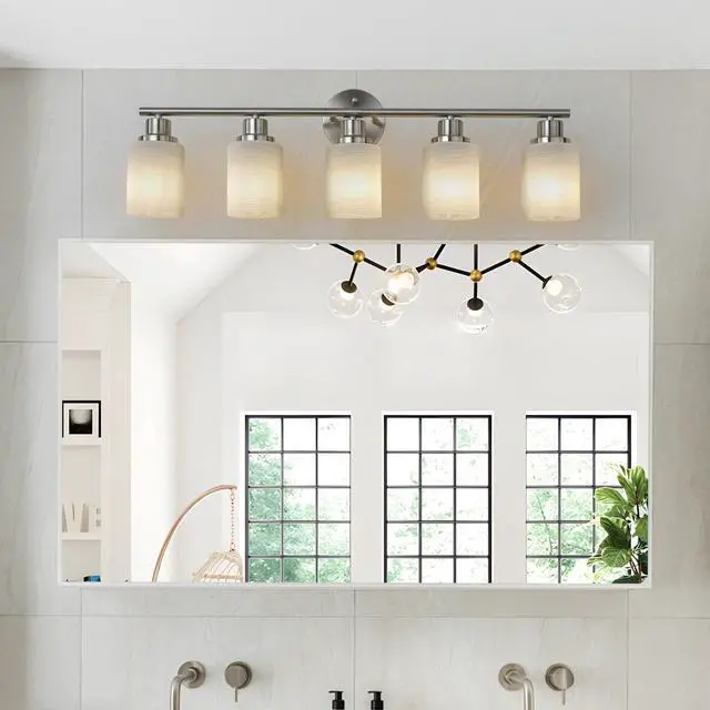 Alt view image 2 of 7 - 31" Modern 5-Light Vanity Wall Sconce, Brushed Nickel Finish with Frosted Glass Shades for Bathroom Or Hallway Lighting (No Bulbs)