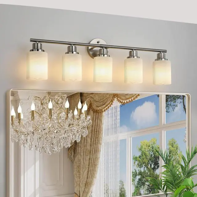 Main image of 31" Modern 5-Light Vanity Wall Sconce, Brushed Nickel Finish with Frosted Glass Shades for Bathroom Or Hallway Lighting (No Bulbs)