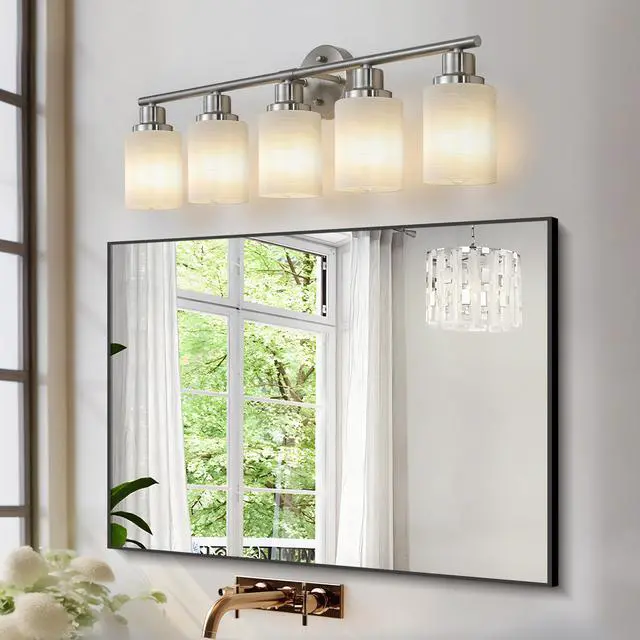Alt view image 3 of 7 - 31" Modern 5-Light Vanity Wall Sconce, Brushed Nickel Finish with Frosted Glass Shades for Bathroom Or Hallway Lighting (No Bulbs)