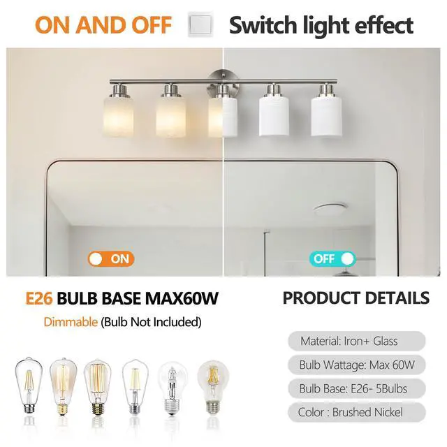 Alt view image 5 of 7 - 31" Modern 5-Light Vanity Wall Sconce, Brushed Nickel Finish with Frosted Glass Shades for Bathroom Or Hallway Lighting (No Bulbs)