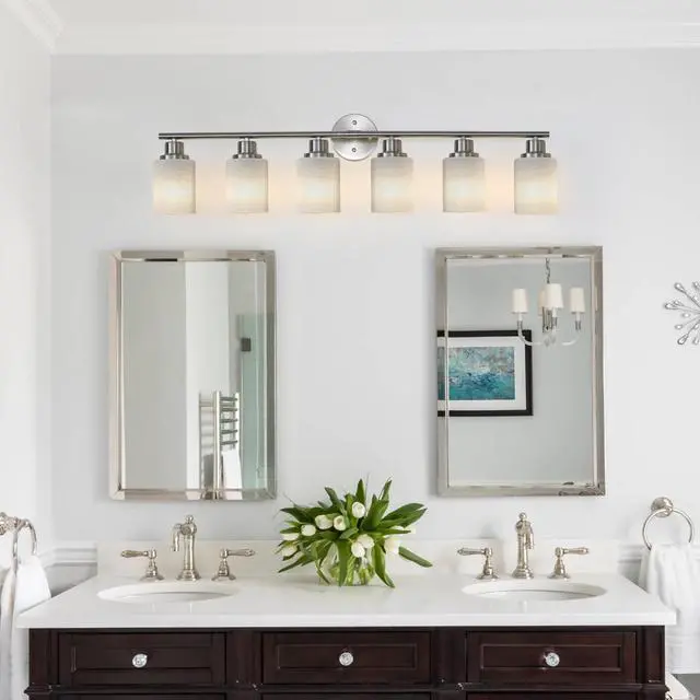 Main image of 39" Modern 6-Light Vanity Wall Sconce, Brushed Nickel Finish with Frosted Glass Shades for Bathroom Or Hallway Lighting (No Bulbs)