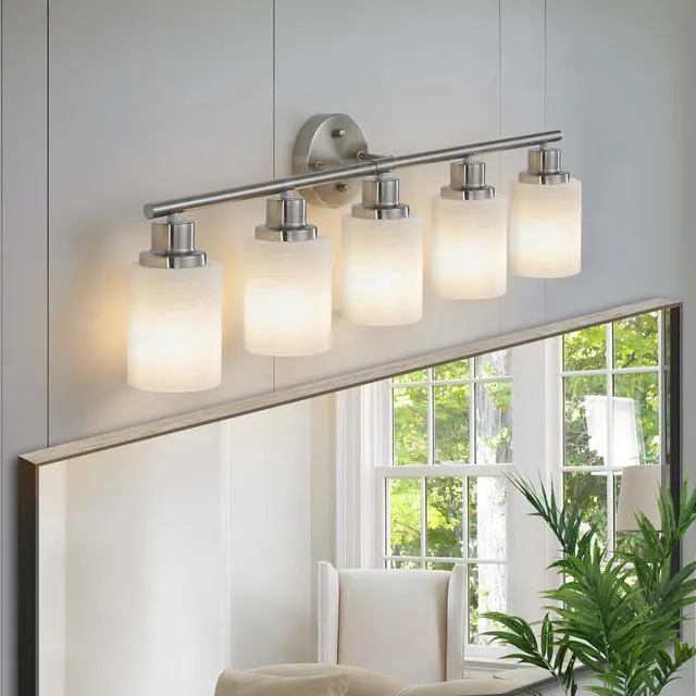 Alt view image 4 of 7 - 31" Modern 5-Light Vanity Wall Sconce, Brushed Nickel Finish with Frosted Glass Shades for Bathroom Or Hallway Lighting (No Bulbs)