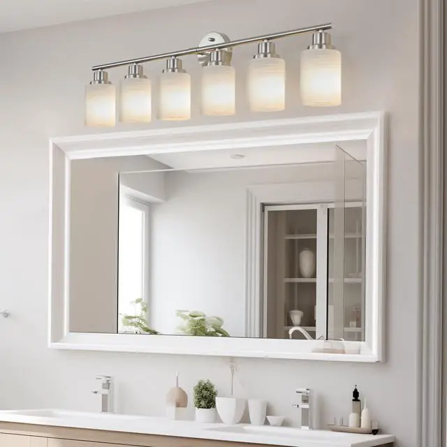 Alt view image 2 of 7 - 39" Modern 6-Light Vanity Wall Sconce, Brushed Nickel Finish with Frosted Glass Shades for Bathroom Or Hallway Lighting (No Bulbs)