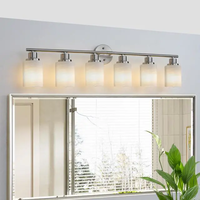 Alt view image 3 of 7 - 39" Modern 6-Light Vanity Wall Sconce, Brushed Nickel Finish with Frosted Glass Shades for Bathroom Or Hallway Lighting (No Bulbs)