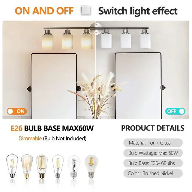 Alt view image 6 of 7 - 39" Modern 6-Light Vanity Wall Sconce, Brushed Nickel Finish with Frosted Glass Shades for Bathroom Or Hallway Lighting (No Bulbs)