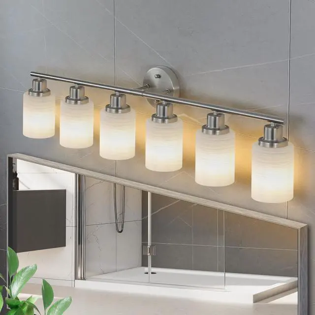 Alt view image 4 of 7 - 39" Modern 6-Light Vanity Wall Sconce, Brushed Nickel Finish with Frosted Glass Shades for Bathroom Or Hallway Lighting (No Bulbs)