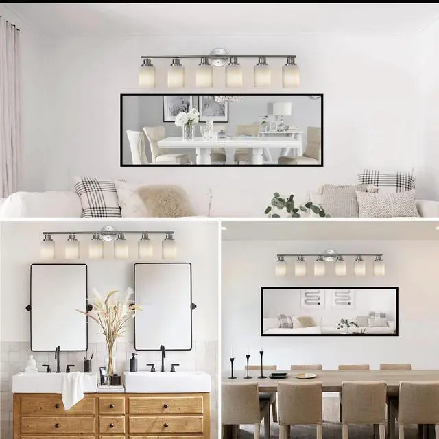 Alt view image 7 of 7 - 39" Modern 6-Light Vanity Wall Sconce, Brushed Nickel Finish with Frosted Glass Shades for Bathroom Or Hallway Lighting (No Bulbs)