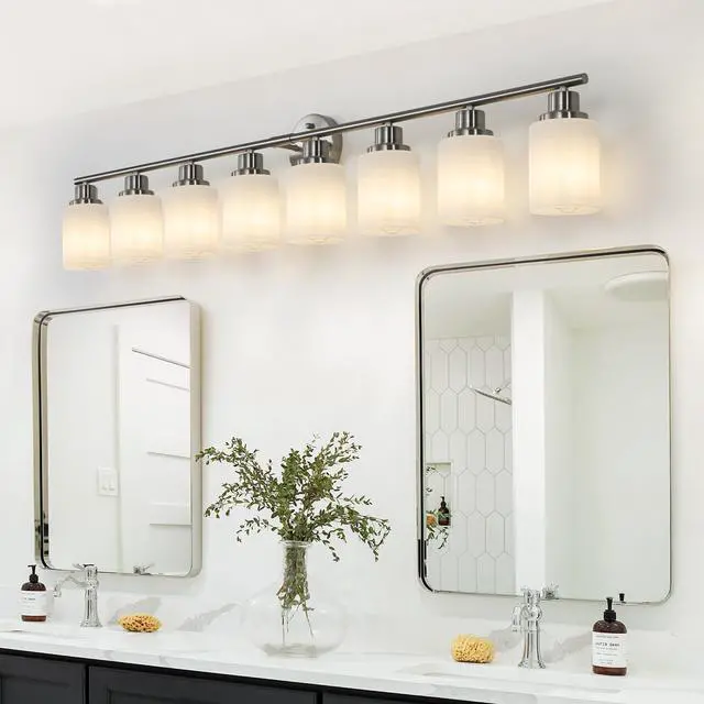 Alt view image 2 of 7 - 52" Modern 8-Light Vanity Wall Sconce, Brushed Nickel Finish with Frosted Glass Shades for Bathroom Or Hallway Lighting (No Bulbs)