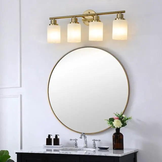 Main image of 24" Modern 4-Light Vanity Wall Sconce, Golden Finish with Frosted Glass Shades for Bathroom Or Hallway Lighting (No Bulbs)