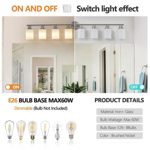 Alt view image 7 of 7 - 52" Modern 8-Light Vanity Wall Sconce, Brushed Nickel Finish with Frosted Glass Shades for Bathroom Or Hallway Lighting (No Bulbs)