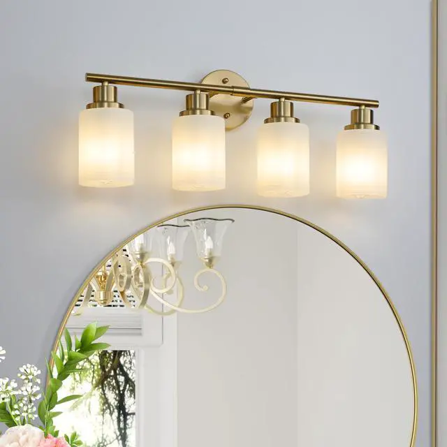 Alt view image 2 of 7 - 24" Modern 4-Light Vanity Wall Sconce, Golden Finish with Frosted Glass Shades for Bathroom Or Hallway Lighting (No Bulbs)