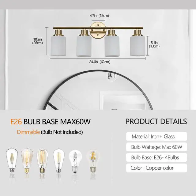 Alt view image 7 of 7 - 24" Modern 4-Light Vanity Wall Sconce, Golden Finish with Frosted Glass Shades for Bathroom Or Hallway Lighting (No Bulbs)