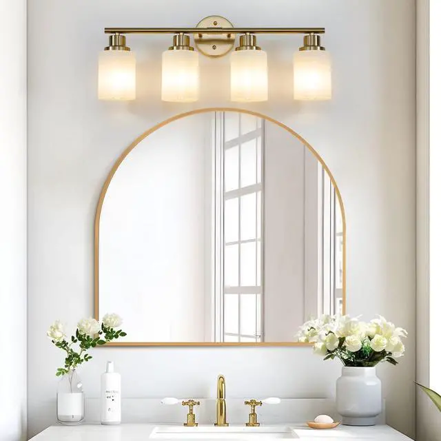 Alt view image 3 of 7 - 24" Modern 4-Light Vanity Wall Sconce, Golden Finish with Frosted Glass Shades for Bathroom Or Hallway Lighting (No Bulbs)