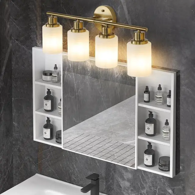 Alt view image 4 of 7 - 24" Modern 4-Light Vanity Wall Sconce, Golden Finish with Frosted Glass Shades for Bathroom Or Hallway Lighting (No Bulbs)