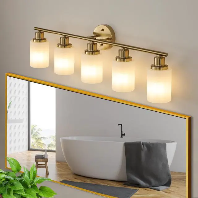 Alt view image 3 of 7 - 31" Modern 5-Light Vanity Wall Sconce, Golden Finish with Frosted Glass Shades for Bathroom Or Hallway Lighting (No Bulbs)