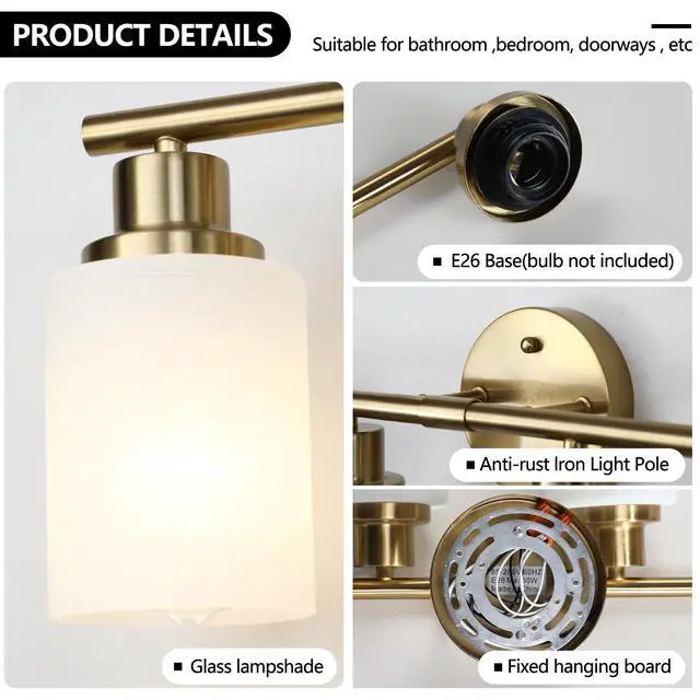 Alt view image 6 of 7 - 24" Modern 4-Light Vanity Wall Sconce, Golden Finish with Frosted Glass Shades for Bathroom Or Hallway Lighting (No Bulbs)