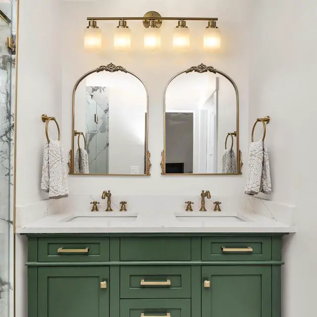 Alt view image 2 of 7 - 31" Modern 5-Light Vanity Wall Sconce, Golden Finish with Frosted Glass Shades for Bathroom Or Hallway Lighting (No Bulbs)