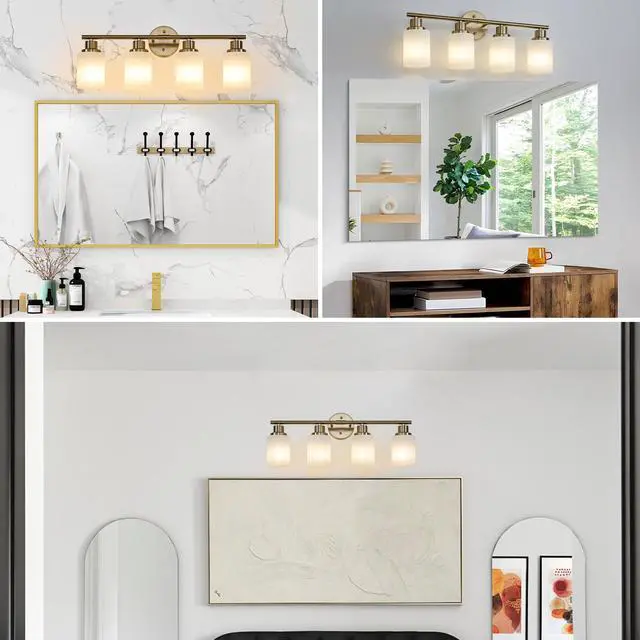 Alt view image 5 of 7 - 24" Modern 4-Light Vanity Wall Sconce, Golden Finish with Frosted Glass Shades for Bathroom Or Hallway Lighting (No Bulbs)