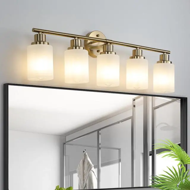 Alt view image 4 of 7 - 31" Modern 5-Light Vanity Wall Sconce, Golden Finish with Frosted Glass Shades for Bathroom Or Hallway Lighting (No Bulbs)