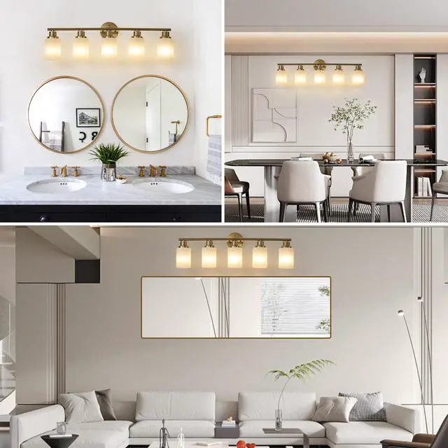 Alt view image 5 of 7 - 31" Modern 5-Light Vanity Wall Sconce, Golden Finish with Frosted Glass Shades for Bathroom Or Hallway Lighting (No Bulbs)