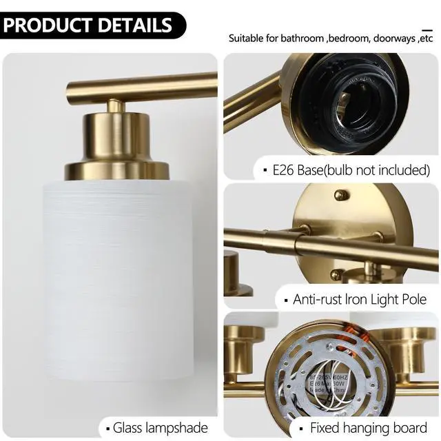 Alt view image 6 of 7 - 31" Modern 5-Light Vanity Wall Sconce, Golden Finish with Frosted Glass Shades for Bathroom Or Hallway Lighting (No Bulbs)