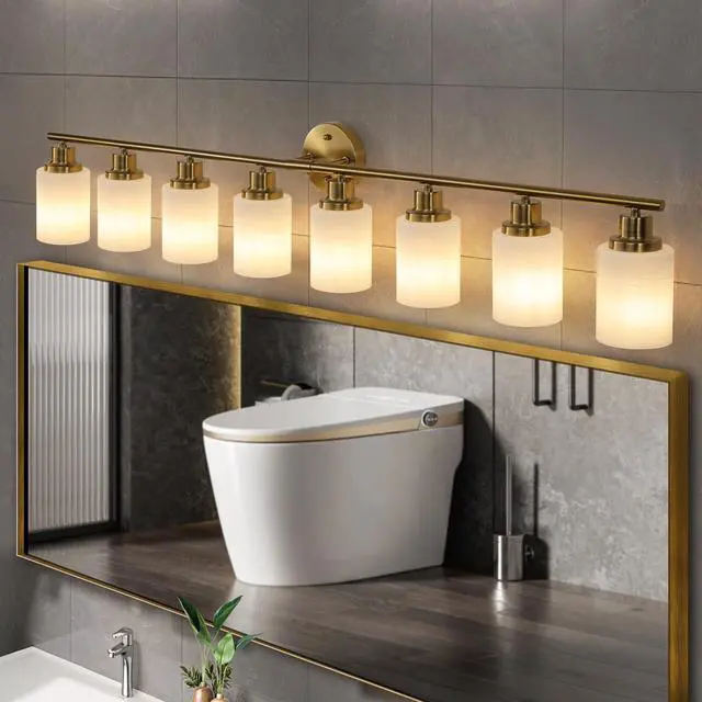 Alt view image 2 of 7 - 52" Modern 8-Light Vanity Wall Sconce, Golden Finish with Frosted Glass Shades for Bathroom Or Hallway Lighting (No Bulbs)