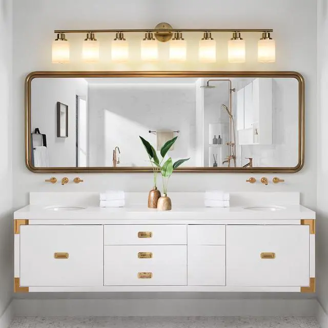 Alt view image 3 of 7 - 52" Modern 8-Light Vanity Wall Sconce, Golden Finish with Frosted Glass Shades for Bathroom Or Hallway Lighting (No Bulbs)