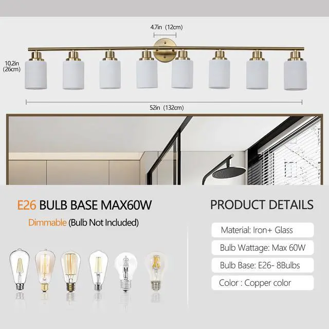 Alt view image 7 of 7 - 52" Modern 8-Light Vanity Wall Sconce, Golden Finish with Frosted Glass Shades for Bathroom Or Hallway Lighting (No Bulbs)