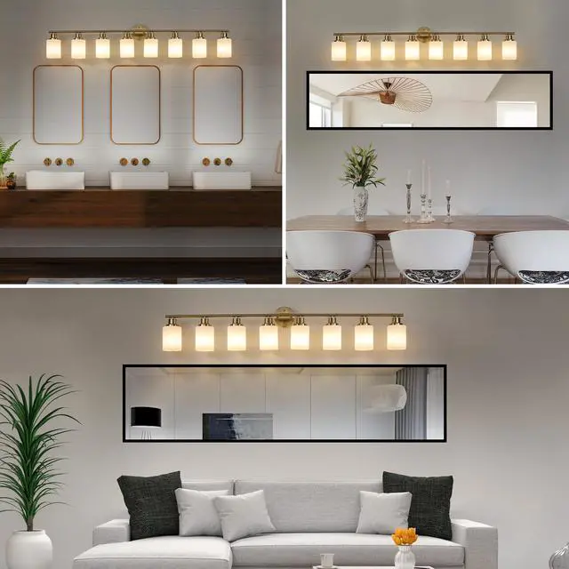 Alt view image 5 of 7 - 52" Modern 8-Light Vanity Wall Sconce, Golden Finish with Frosted Glass Shades for Bathroom Or Hallway Lighting (No Bulbs)