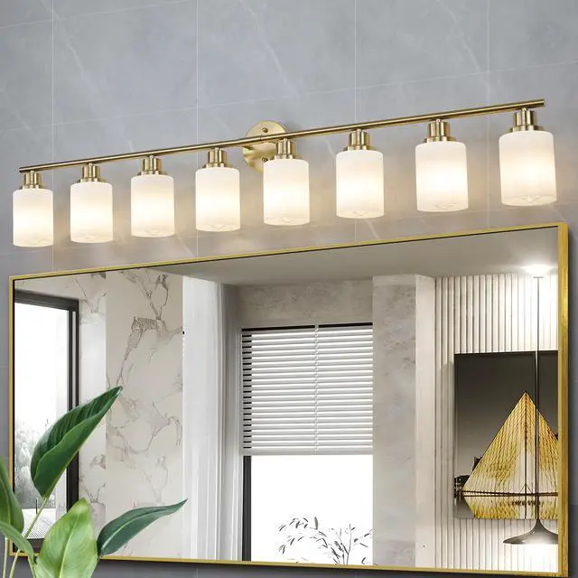 Alt view image 4 of 7 - 52" Modern 8-Light Vanity Wall Sconce, Golden Finish with Frosted Glass Shades for Bathroom Or Hallway Lighting (No Bulbs)