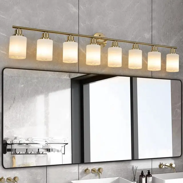 Main image of 52" Modern 8-Light Vanity Wall Sconce, Golden Finish with Frosted Glass Shades for Bathroom Or Hallway Lighting (No Bulbs)