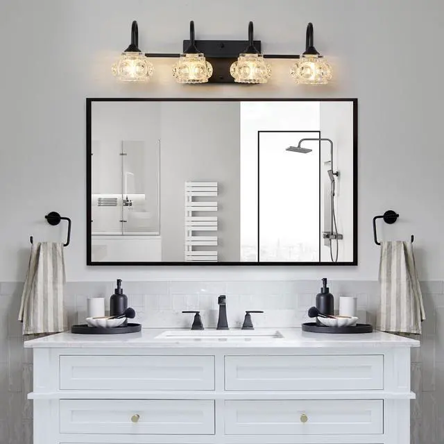 Main image of 23" Retro 4-Light Bathroom Vanity Light Fixture - Black Finish with Crystal Glass Shades, Wall Mounted Lighting for Bathroom, Powder Room, and Vanity Mirror (No Bulbs)