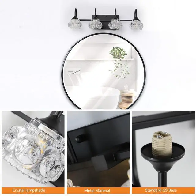 Alt view image 2 of 7 - 23" Retro 4-Light Bathroom Vanity Light Fixture - Black Finish with Crystal Glass Shades, Wall Mounted Lighting for Bathroom, Powder Room, and Vanity Mirror (No Bulbs)