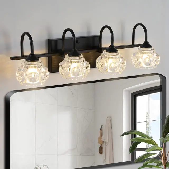 Alt view image 4 of 7 - 23" Retro 4-Light Bathroom Vanity Light Fixture - Black Finish with Crystal Glass Shades, Wall Mounted Lighting for Bathroom, Powder Room, and Vanity Mirror (No Bulbs)