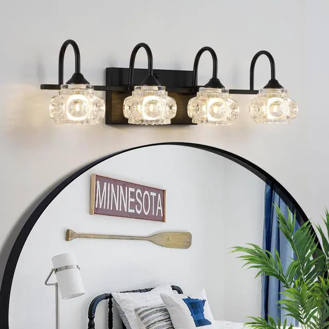 Alt view image 3 of 7 - 23" Retro 4-Light Bathroom Vanity Light Fixture - Black Finish with Crystal Glass Shades, Wall Mounted Lighting for Bathroom, Powder Room, and Vanity Mirror (No Bulbs)
