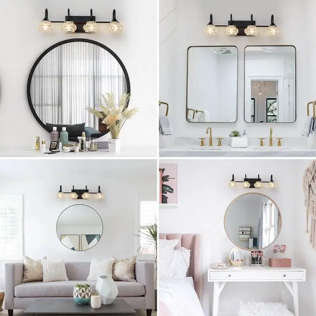 Alt view image 5 of 7 - 23" Retro 4-Light Bathroom Vanity Light Fixture - Black Finish with Crystal Glass Shades, Wall Mounted Lighting for Bathroom, Powder Room, and Vanity Mirror (No Bulbs)