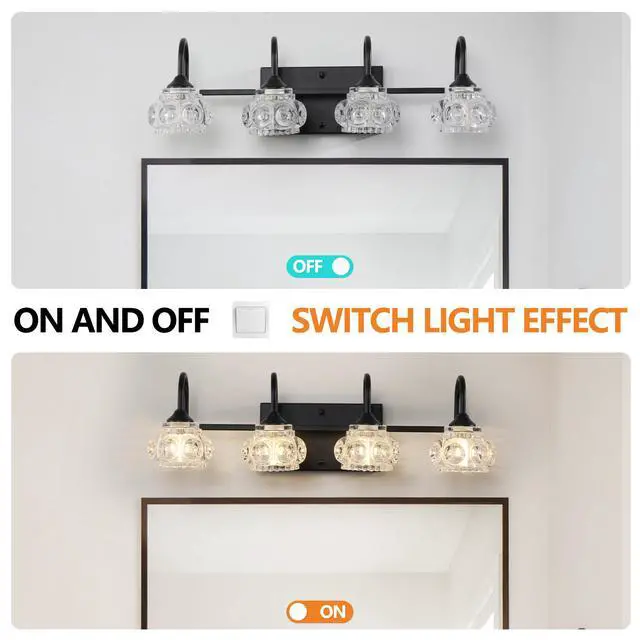 Alt view image 6 of 7 - 23" Retro 4-Light Bathroom Vanity Light Fixture - Black Finish with Crystal Glass Shades, Wall Mounted Lighting for Bathroom, Powder Room, and Vanity Mirror (No Bulbs)