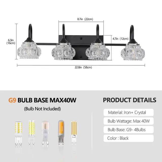 Alt view image 7 of 7 - 23" Retro 4-Light Bathroom Vanity Light Fixture - Black Finish with Crystal Glass Shades, Wall Mounted Lighting for Bathroom, Powder Room, and Vanity Mirror (No Bulbs)